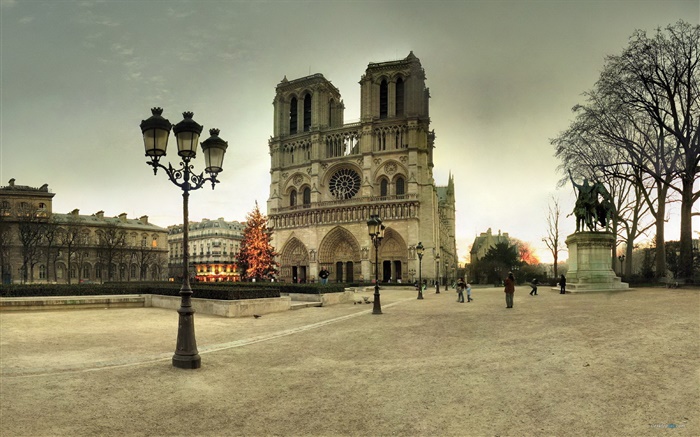 França, Notre Dame, rua, as pessoas, crepúsculo Papéis de Parede, imagem