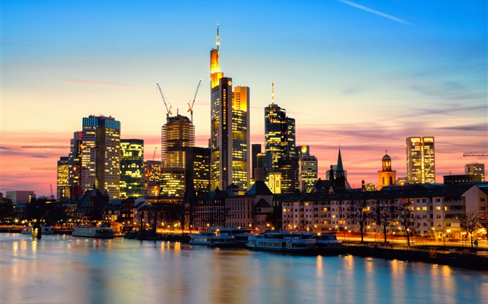 Frankfurt, Alemanha, cidade, arranha-céus, crepúsculo, por do sol, luzes, rio Papéis de Parede, imagem