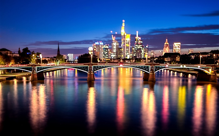Frankfurt, Rio Main, Alemanha, cidade, ponte, luzes, noite Papéis de Parede, imagem