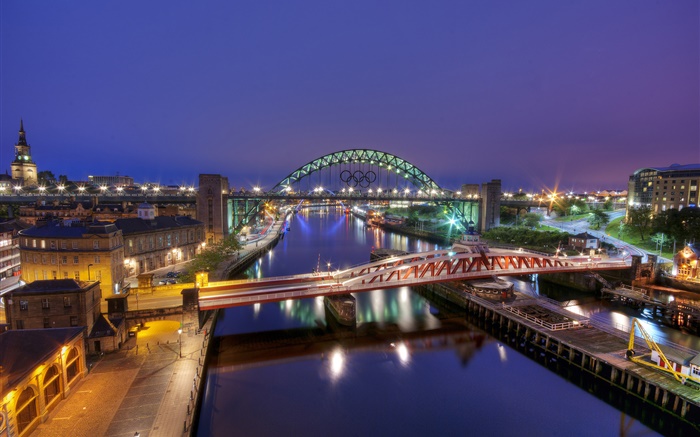 Gateshead, Inglaterra, cidade, noite, rio, ponte, construções, luzes Papéis de Parede, imagem