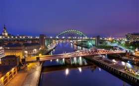 Gateshead, Inglaterra, cidade, noite, rio, ponte, construções, luzes HD Papéis de Parede