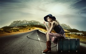 Menina com mala de viagem, sentar-se à margem de estrada