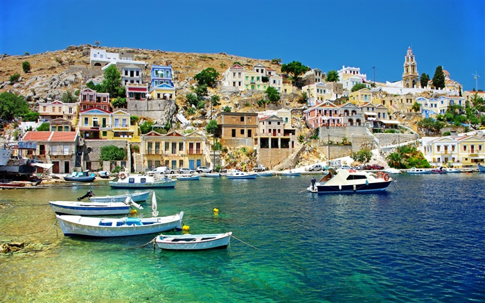 Grécia, casas, costa, mar, barcos Papéis de Parede, imagem