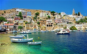 Grécia, casas, costa, mar, barcos