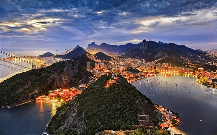 Baía de Guanabara, cidade, costa, noite, luzes, Rio de Janeiro, Brasil Papéis de Parede, imagem