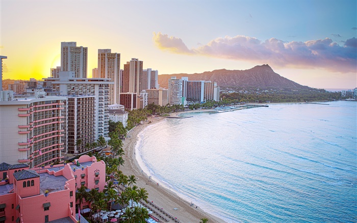 Honolulu, Waikiki Beach, Diamond Head Crater, edifícios, nascer do sol Papéis de Parede, imagem