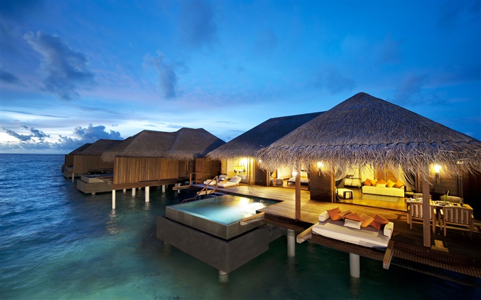 Hotel, Maldivas, Oceano Índico, noite, luzes Papéis de Parede, imagem