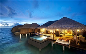 Hotel, Maldivas, Oceano Índico, noite, luzes HD Papéis de Parede