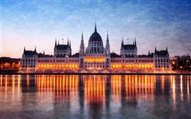 Hungria, Budapeste, Edifício do Parlamento, noite, luzes, rio Danúbio, reflexão