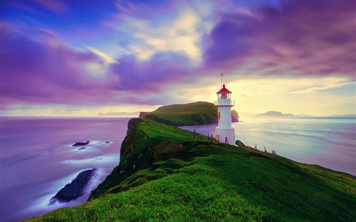 Islândia, Ilhas Faroé, farol, costa, crepúsculo, céu roxo Papéis de Parede, imagem