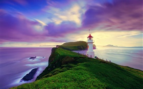 Islândia, Ilhas Faroé, farol, costa, crepúsculo, céu roxo
