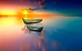 Lago, barco, reflexão da água, pôr do sol