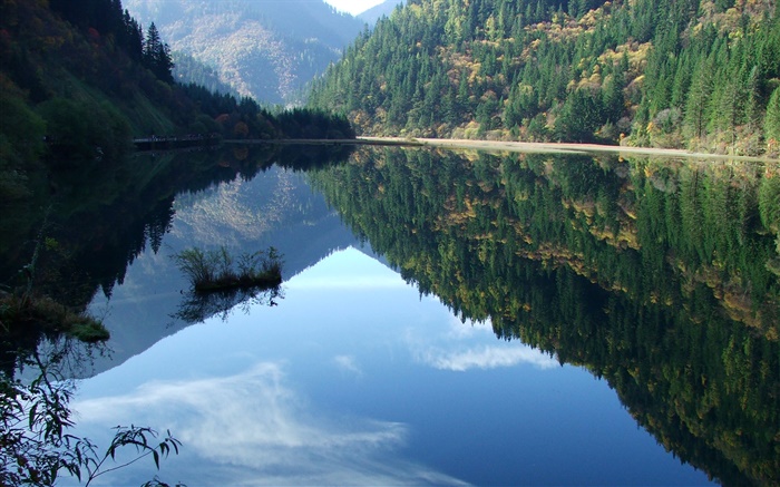 Lago, montanhas, árvores, reflexão da água Papéis de Parede, imagem