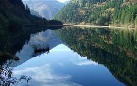 Lago, montanhas, árvores, reflexão da água