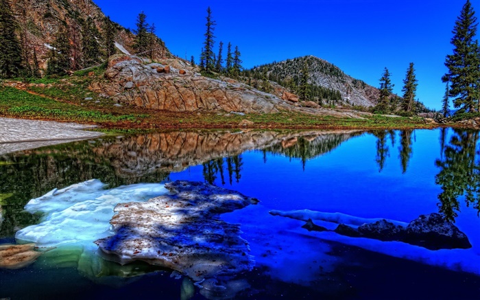 Lago, árvores, montanhas, gelo, reflexão da água Papéis de Parede, imagem