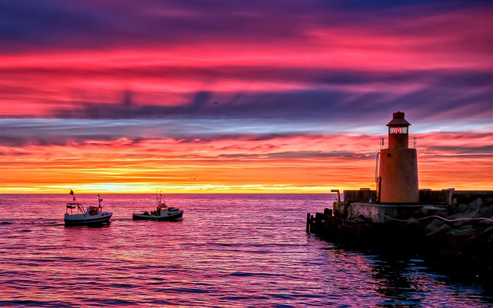 Farol, praia, mar, barcos, por do sol, céu vermelho Papéis de Parede, imagem