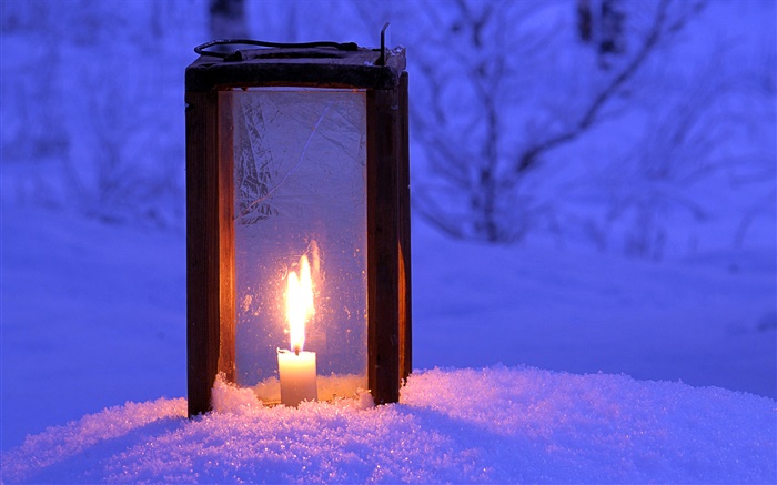 Iluminado lanterna, vela, neve, noite Papéis de Parede, imagem
