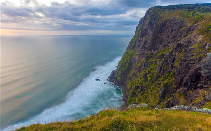 Mercer Cliffs, mar, nuvens, crepúsculo, Waikato, Nova Zelândia Papéis de Parede, imagem