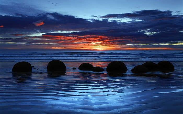 Moeraki Boulders, Koekohe Praia, mar, pôr do sol, South Island, Nova Zelândia Papéis de Parede, imagem