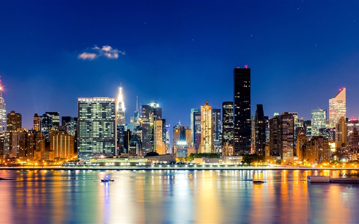 New York City, Manhattan, EUA, noite, arranha-céus, luzes, mar Papéis de Parede, imagem