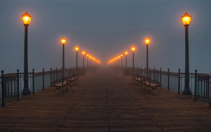 Noite, ponte, cais, luzes, névoa Papéis de Parede, imagem