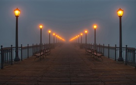 Noite, ponte, cais, luzes, névoa HD Papéis de Parede