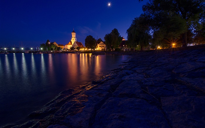 Noite, casas, luzes, Lago de Constança, Baviera, Alemanha Papéis de Parede, imagem