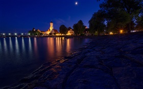 Noite, casas, luzes, Lago de Constança, Baviera, Alemanha HD Papéis de Parede