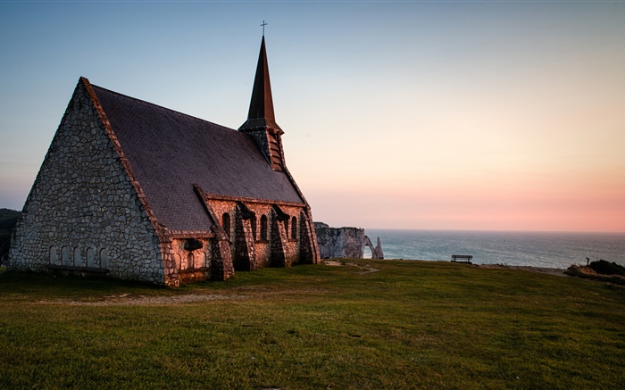Normandia, França, igreja, noite, mar Papéis de Parede, imagem