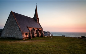 Normandia, França, igreja, noite, mar HD Papéis de Parede