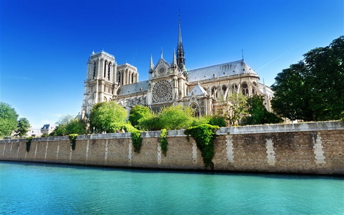 Notre Dame, França, céu azul, rio Papéis de Parede, imagem
