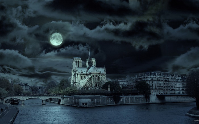 Notre Dame, França, noite, rio, lua Papéis de Parede, imagem