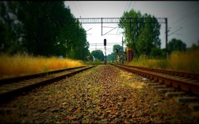 estrada de ferro, árvores, linhas de energia, luz vermelha HD Papéis de Parede