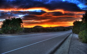 estrada, crepúsculo, nuvens, céu vermelho HD Papéis de Parede