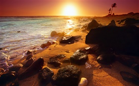 Linha costeira rochosa, por do sol, Havaí, EUA