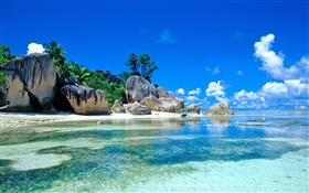 Seychelles Island, belas paisagens, mar, pedras, nuvens, praia HD Papéis de Parede