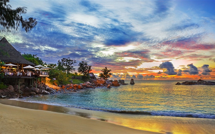 Seychelles Island, casa resort, noite, luzes, mar, praia Papéis de Parede, imagem