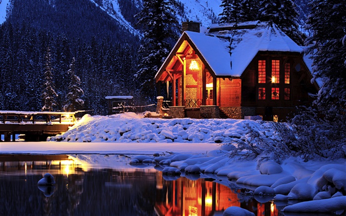 Neve, noite, alojamento, Emerald Lake, Parque Nacional de Yoho, Canadá Papéis de Parede, imagem