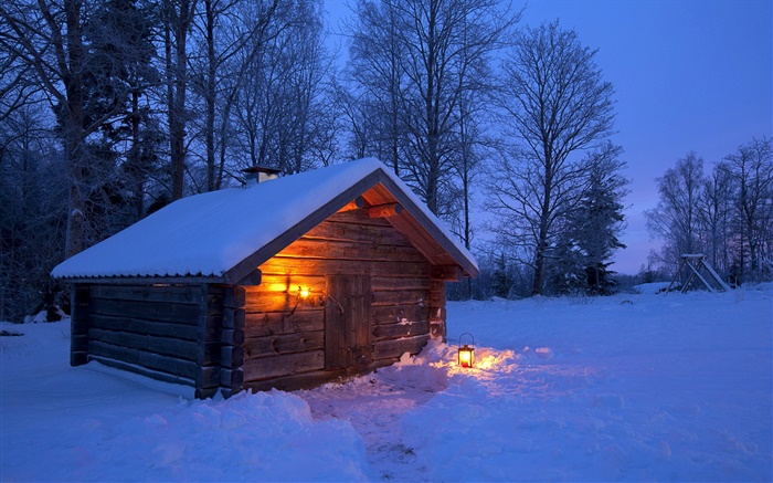 Neve, casa de madeira, árvores nuas, inverno, noite, Suécia Papéis de Parede, imagem