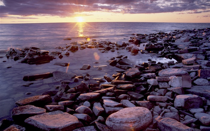 Pedras, costa, mar, nascer do sol, nuvens Papéis de Parede, imagem