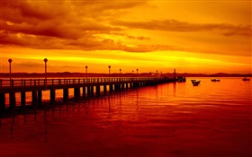 Pôr do sol, cais, estilo vermelho, barcos, rio HD Papéis de Parede