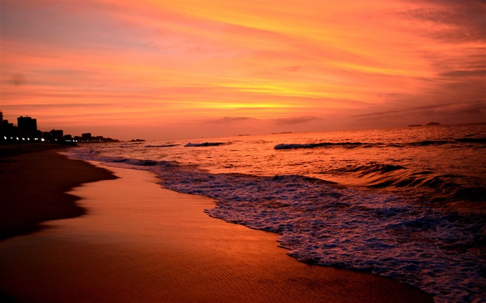 Pôr do sol, mar, crepúsculo, ondas, céu vermelho Papéis de Parede, imagem