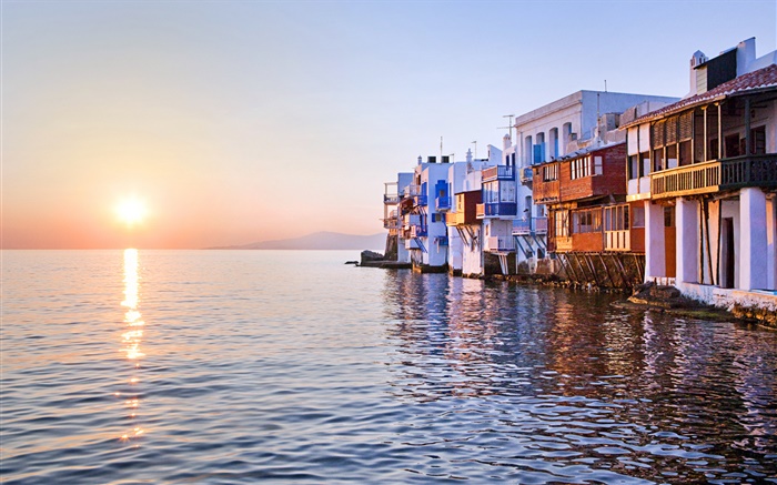 Pôr do sol, mar, casa, Little Venice, Mykonos, Grécia Papéis de Parede, imagem