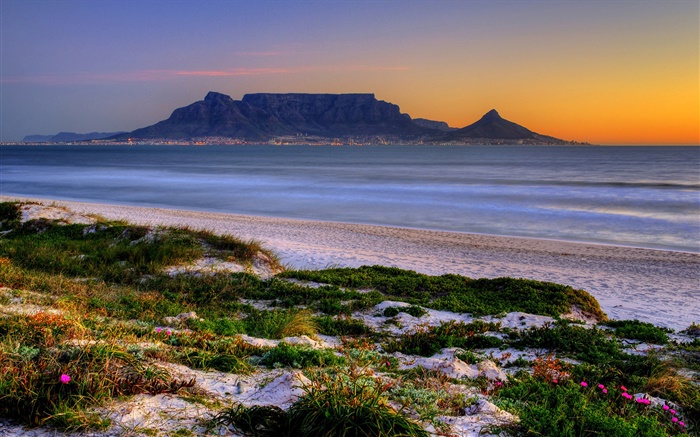 Table Bay, Cape Town, África do Sul, praia, mar, crepúsculo Papéis de Parede, imagem