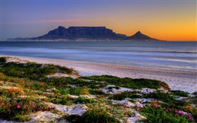 Table Bay, Cape Town, África do Sul, praia, mar, crepúsculo