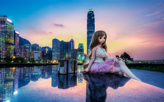 Toy, boneca, menina bonita, cidade, edifícios, Hong Kong Papéis de Parede, imagem