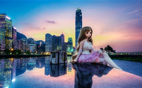 Toy, boneca, menina bonita, cidade, edifícios, Hong Kong