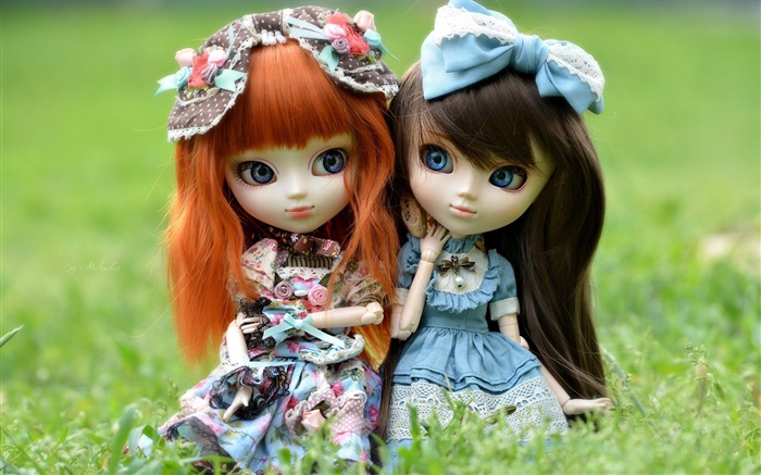 Duas meninas de brinquedo, cabelo vermelho e preto, boneca Papéis de Parede, imagem