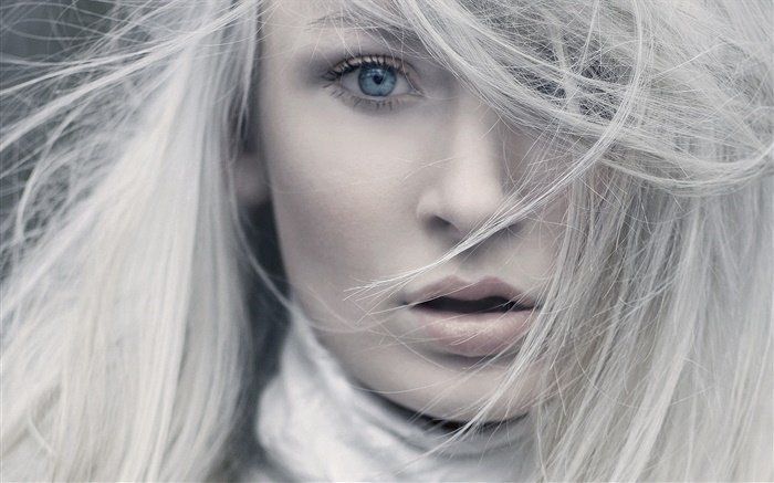 Cabelos brancos, olhos azuis, rosto menina close-up Papéis de Parede, imagem