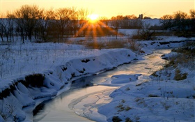 Inverno, rio, neve, árvores, alvorecer, nascer do sol